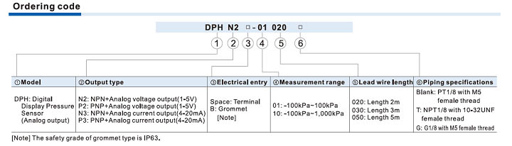DPH Series digital display pressure sensor(Analog output) Ordering Code